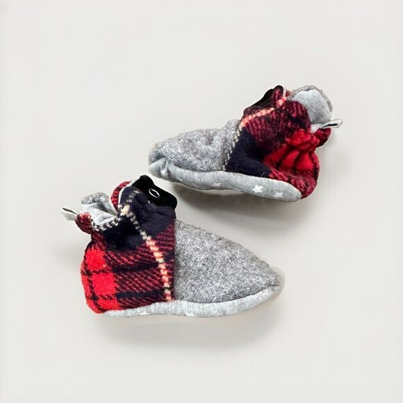 Robeez Leather Flannel Plaid Grey Black Crib Shoes Boots baby boy 6-12 M EUC - Picture 1 of 6